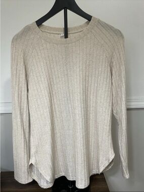 Beige Ribbed Knit Crew Neck Pullover Sweater Women's Size S Lightweight